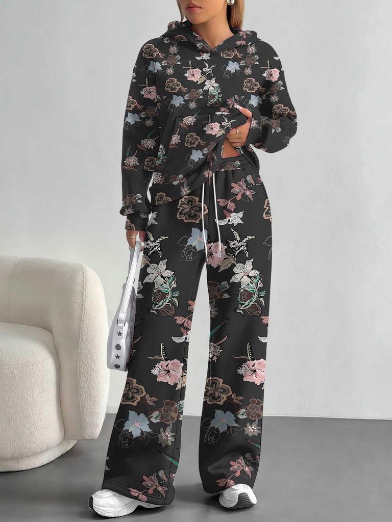 European and American Autumn and Winter Casual Long-sleeved Suit Women's Hooded Sweater Trousers Two-piece Set Retro Elements