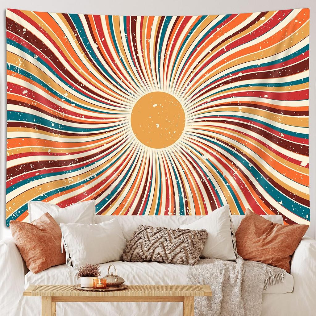 Vintage Sun Tapestry Aesthetic Boho Tapestries Abstract Retro 70s Rainbow Minimal Geometric Grunge Art Print Hippie Bohemian Decor Mid Century Modern