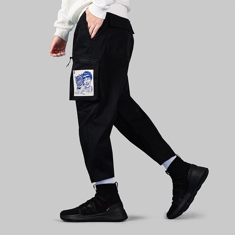 Li Ning X Tide Collaboration Reverse Five Sports Basketball Series Loose Cargo Sports Long Pants Men bottoms Standard-Black AKXP335-2