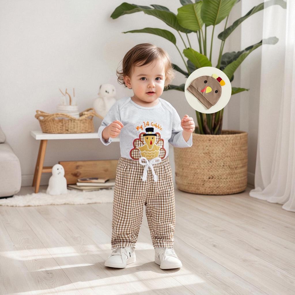 Baby & Kleinkind Thanksgiving Truthahn Strampler Set: Karohose & Hut inklusive