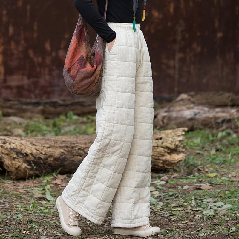 Johnature Women Vintage Winter Warm Straight Pants Elastic Waist Solid Color Pockets Chinese Style Pants