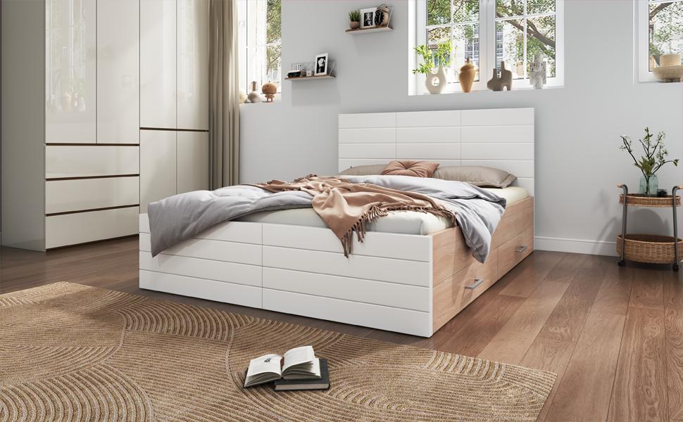 Wooden Bed System 160x200cm with 2 Drawers, Modern Bed incl. Bed Frame & Slatted Frame - 207x80x165cm (LxHxW) Set in Oak/White (With Mattress)