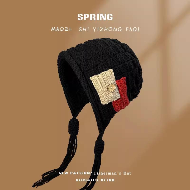 Trendy fringed warm hat women's autumn and winter handknitted pullover wool hat versatile ear protection hat tide