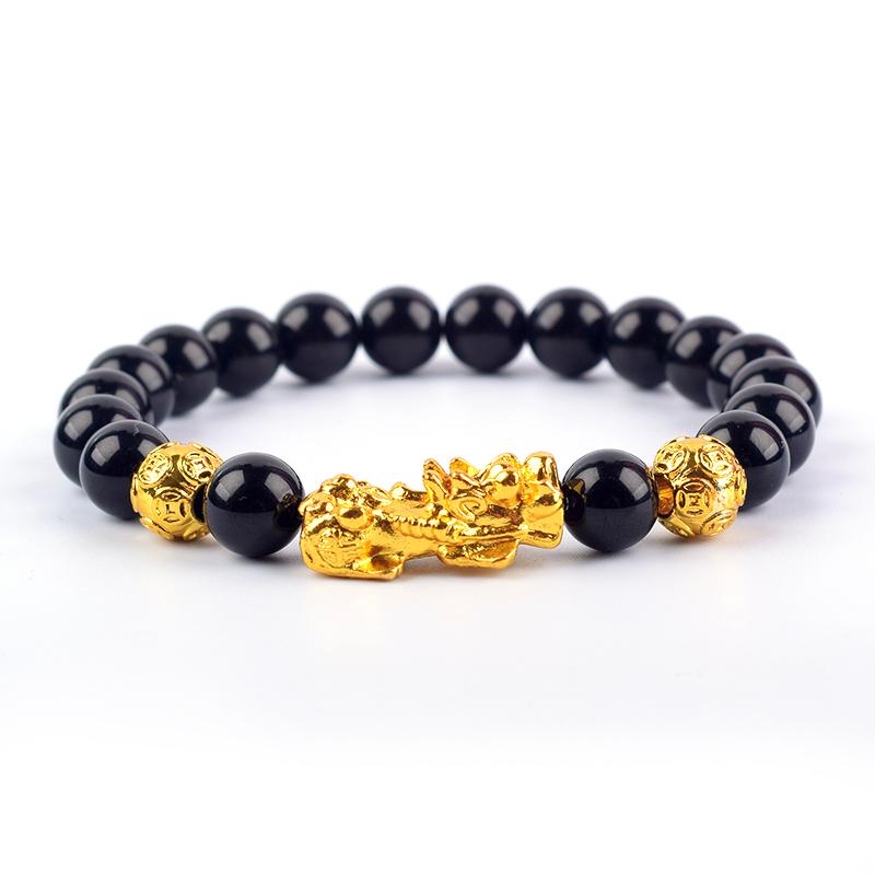 Pixiu Armband Feng Shui Rijkdom en Geluk Armband Heren Polsband Goudkleur Obisidiaan Steen Kralen Zwart Zes Karakter Cadeau