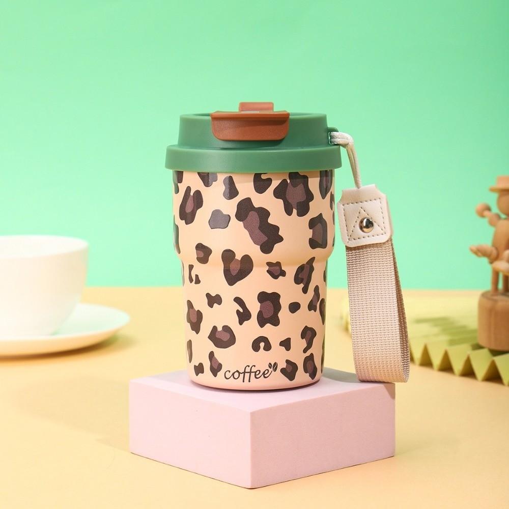Leopard Print Thermal Water Bottle 450ml Drinking Straw Cup Vacuum Flask Sports Activities