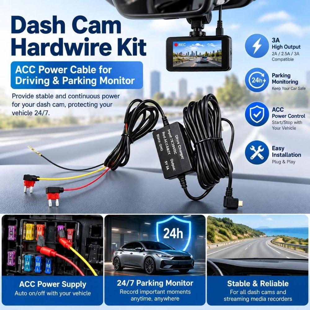 Type-C USB Port Dashcam Power Cable 12-30V Input Camera Hardwire Adapter Vehicle