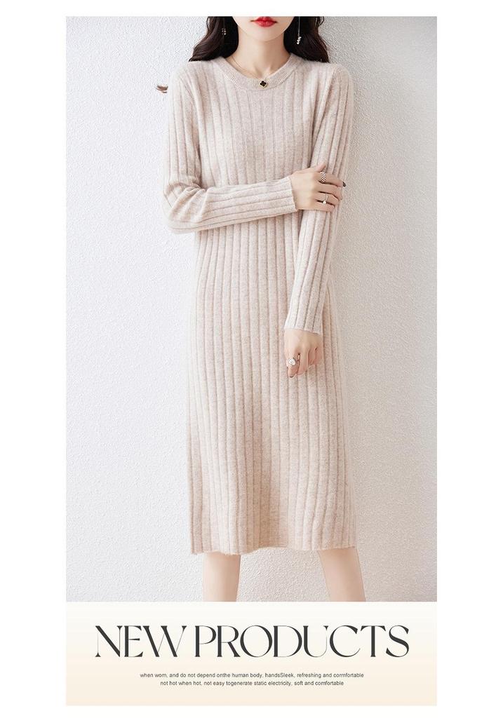 Women's Thickened Long Wool Sweater Dress - Round Neck, Slim Fit, Mid-Length, Warm Knitwear for Autumn and Winter