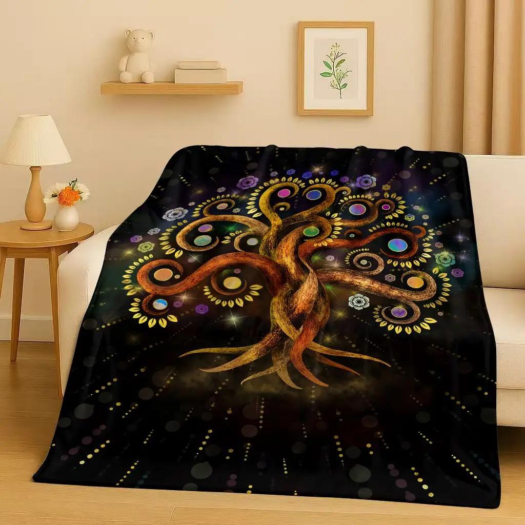 3D Retro Colorful Tree of Life Yggdrasil Celtic Rune Flannel Blanket,Ultra Soft Plush Throw for Home Bedroom Bed Sofa Cover Kids