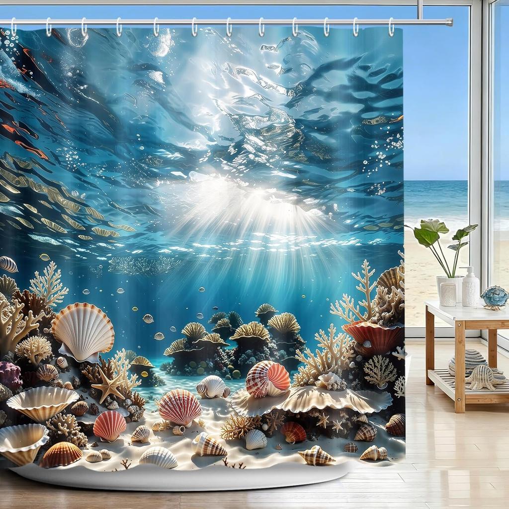 Nautical Coastal Shower Curtain, Ocean Themed Shell Coral Underwater Shower Curtain for Bathroom, Tropical Beach Coastal Sea