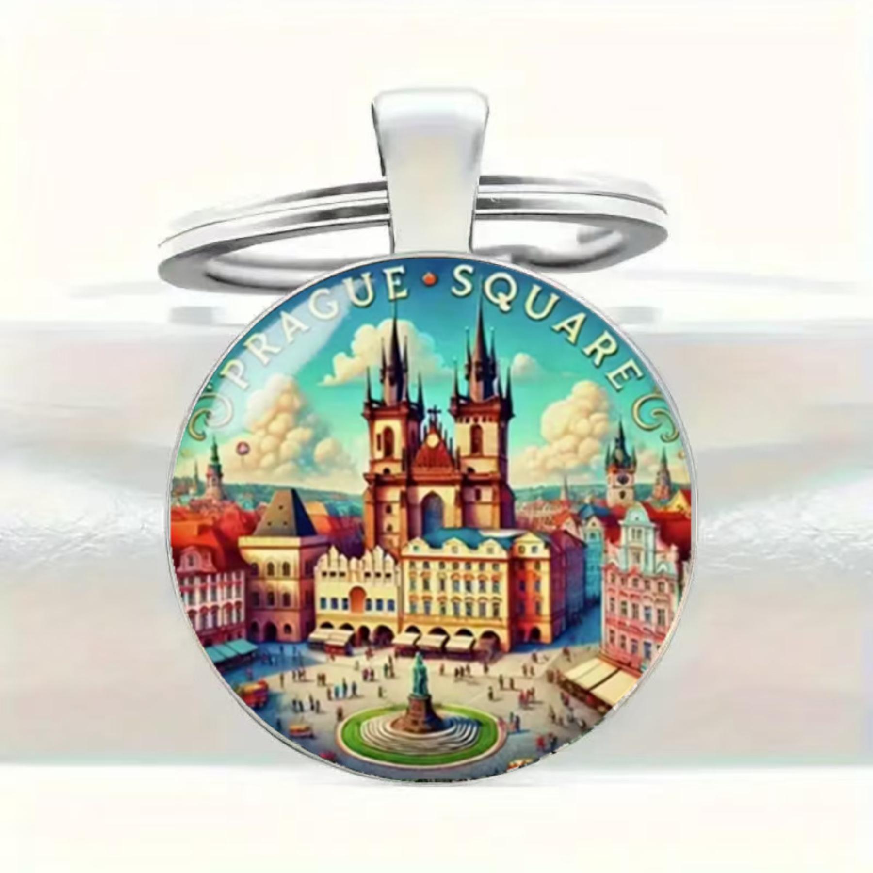 Prague Old Town Square Round Glass Alloy Keychain One Size