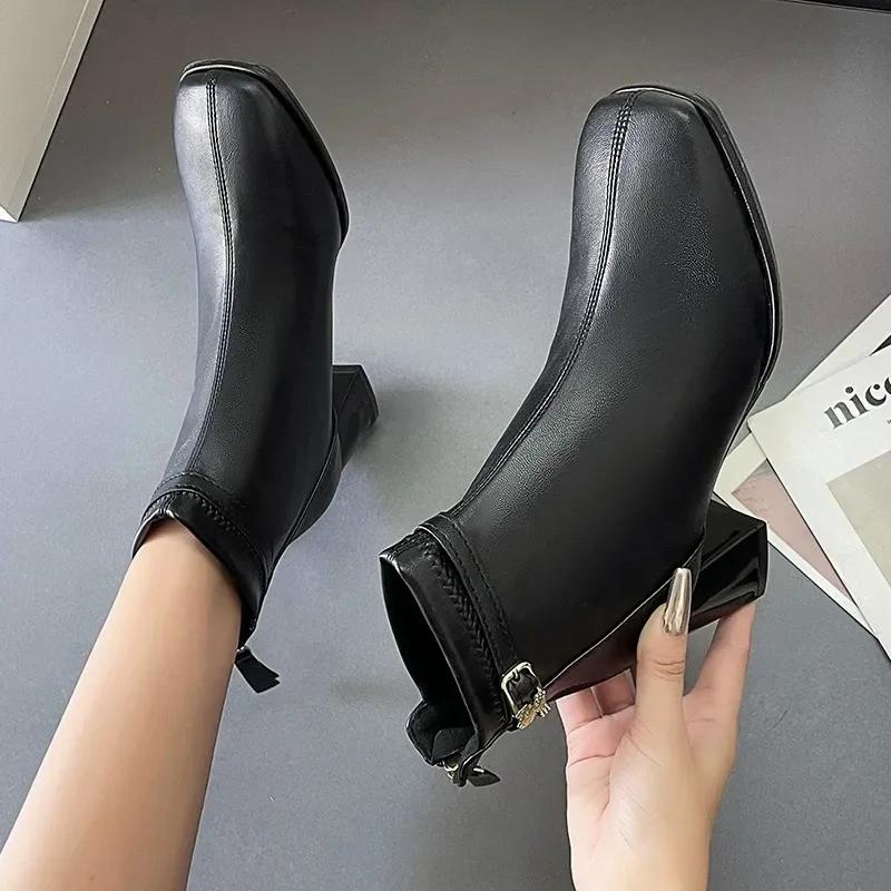 2024 New Fashion Hot Selling Versatile Square Toe Comfortable Thick Heel Back Zipper Women's Boots Fashion Boots Zapatos