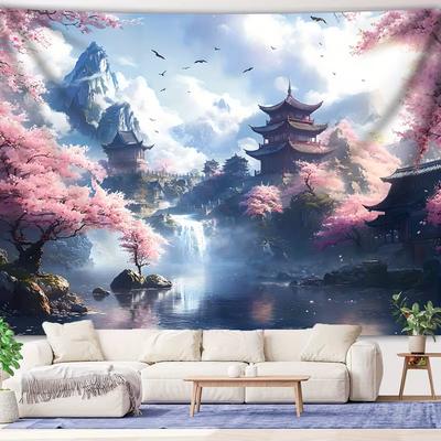 2D Japanische Wasserfall-Wandteppich Kirschblüten und Antike Tempel-Wandbehang
