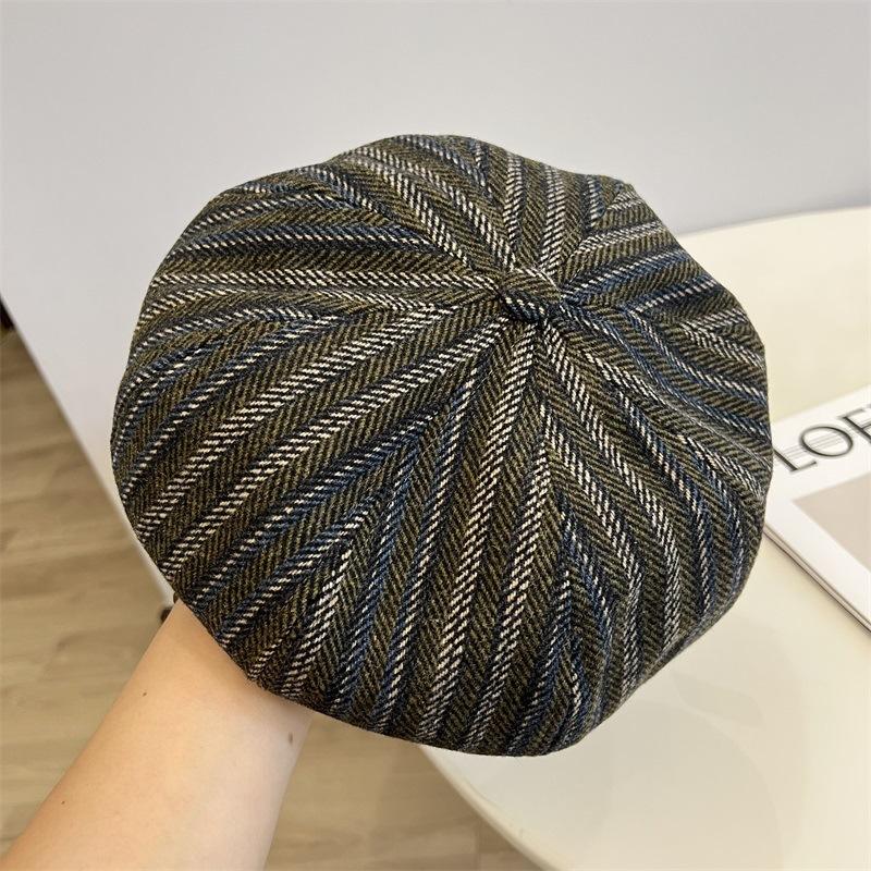 

Полосатая твидовая восьмиугольная шляпа женская осенне-зимняя шляпа-тыква британская ретро теплая шляпа художника M（56-58cm） зелёный