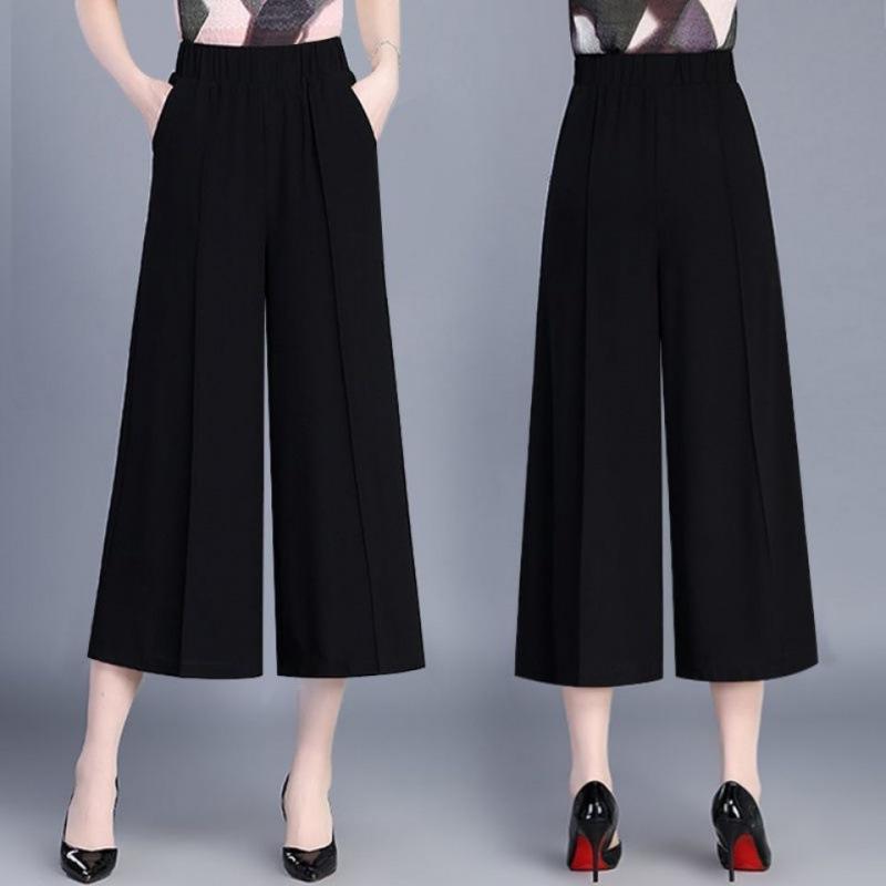 Women's Chiffon Wide Leg Pants Cropped Pants Summer Loose Plus Size Casual Pants High Waist Straight Leg Pants
