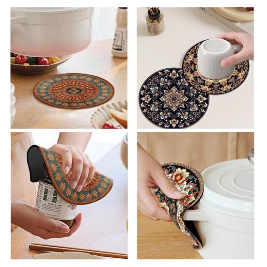 Bohemian Heat Resistant Placemats for Table Stain-Resistant Round Rubber Coasters Vintage Kitchen Dining Mats for Hot