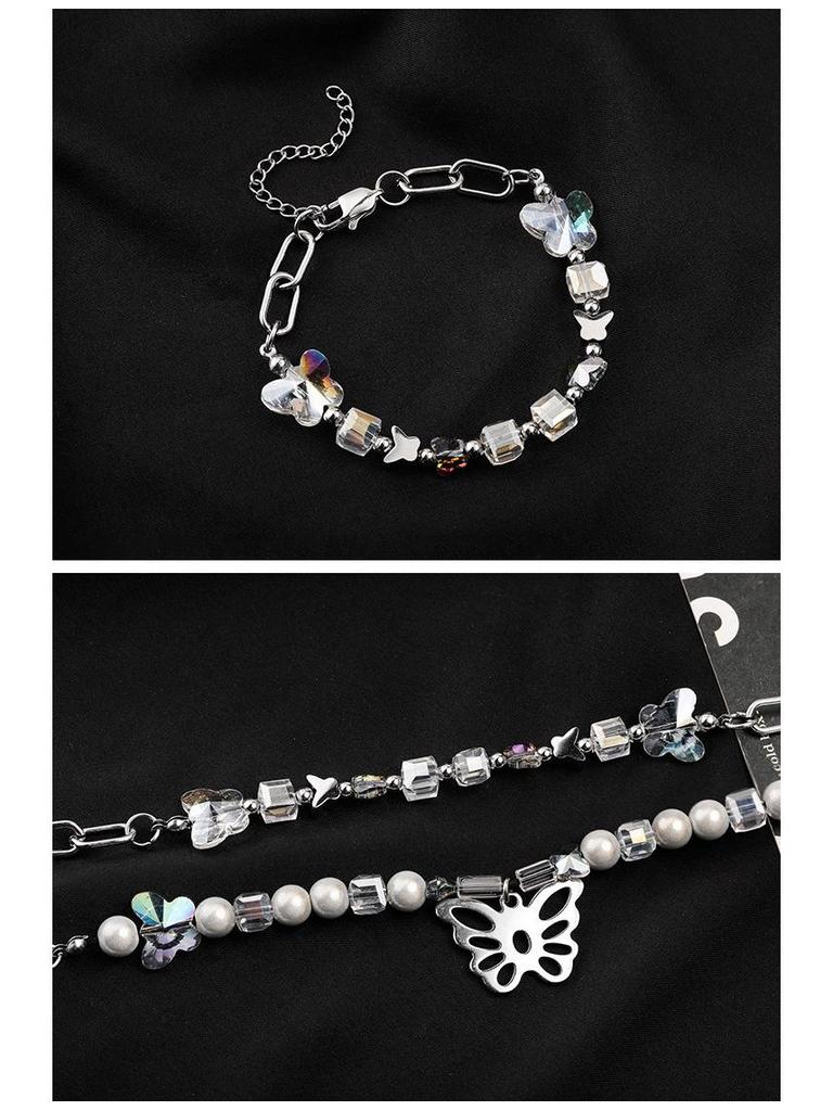 Urban Hip Hop Pearl & Crystal Reflective Stainless Steel Necklace - Titanium Clavicle Chain for Couples