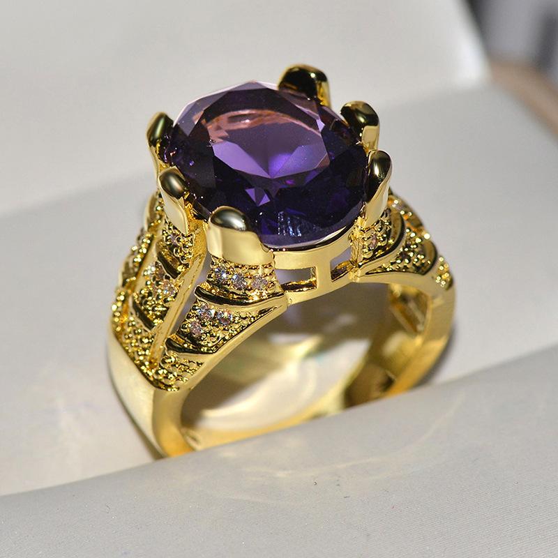 Classic Domineering Men's Gold Hip Hop Zircon Ring Blue White Purple Diamond Ladies Ring Engagement Party Jewelry