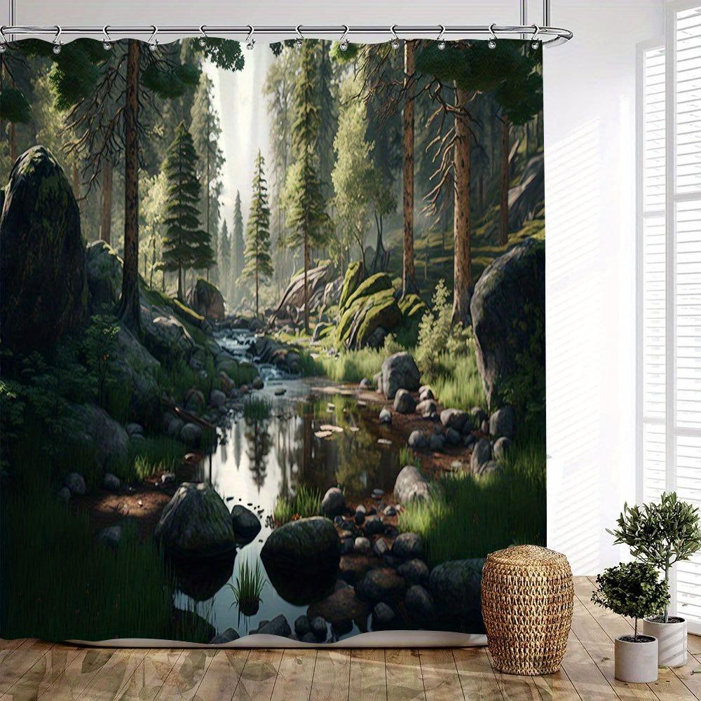 1Pc Extra Long Forest Stream Shower Curtain - Large Bath Curtain With Sunlit Pine Forest, Moss-Covered Rocks & Stream