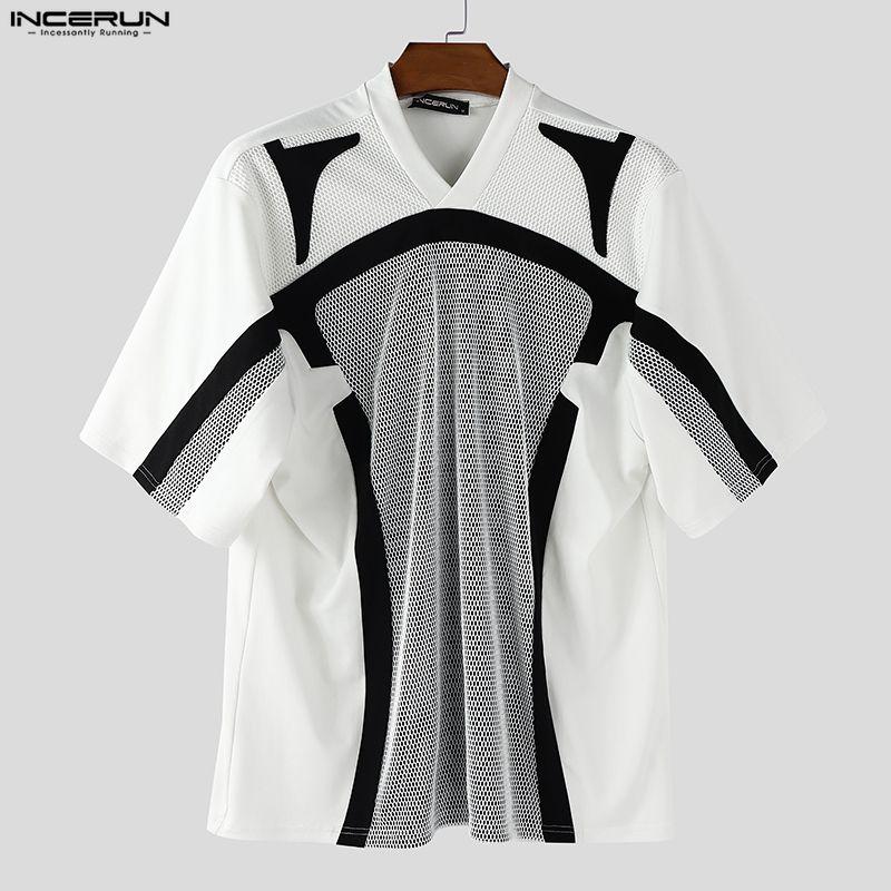 INCERUN Men T-Shirts V Collar Short Sleeve Netyarn Patchwork Casual Tops
