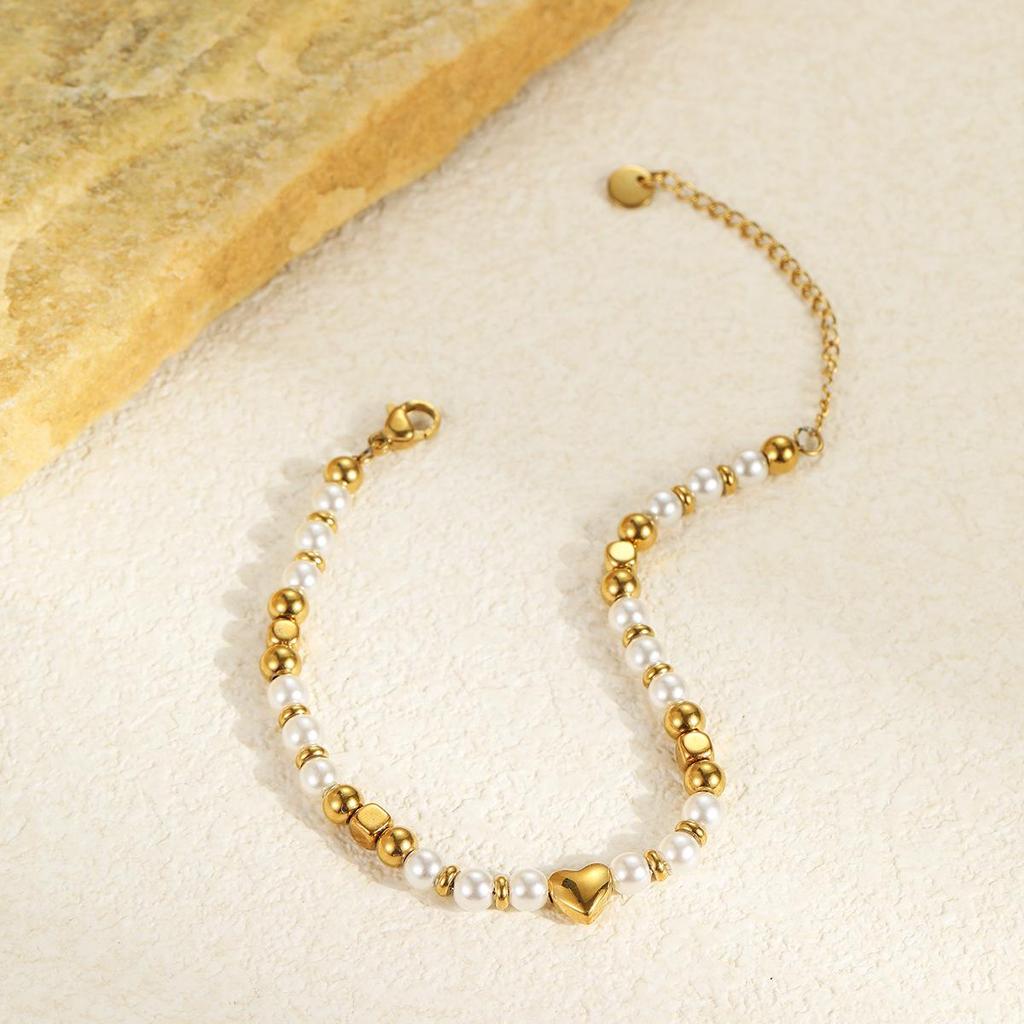 Elegant Baroque Faux Pearl Stainless Steel Layered Bracelet Earrings Set