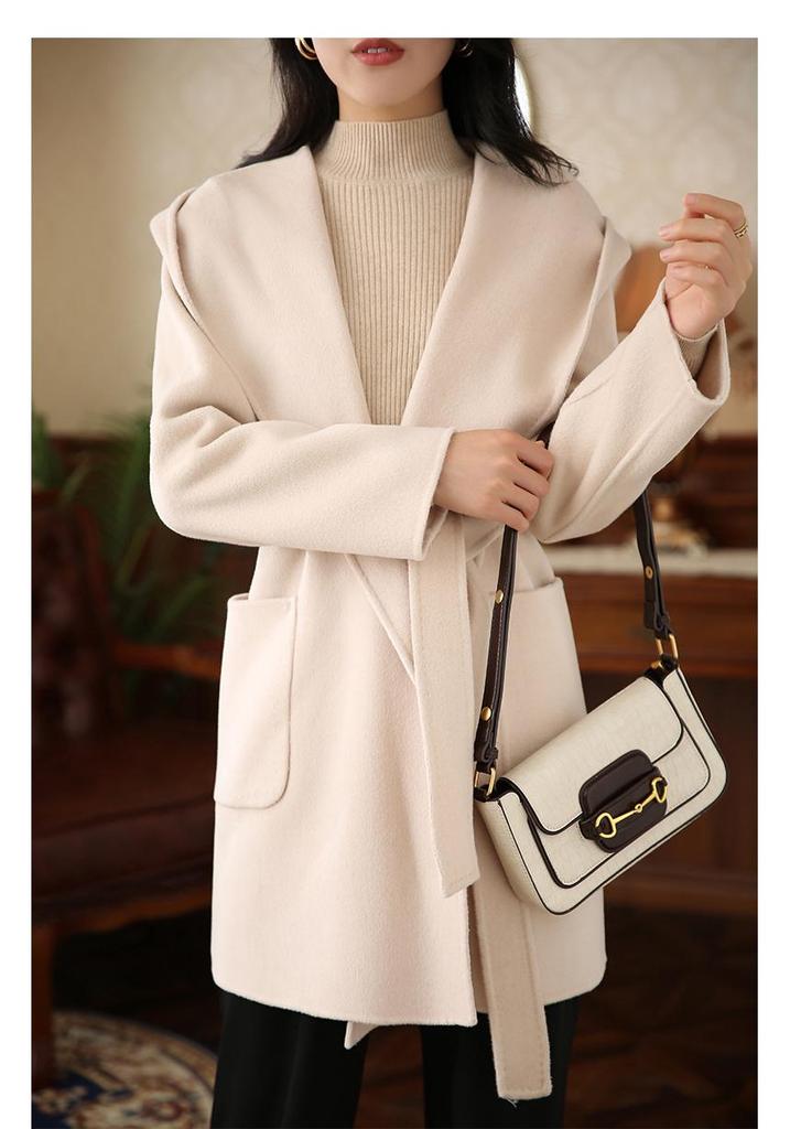 2026 Petite Women's Hooded Double-Sided Wool Coat, Autumn/Winter Mid-Length with Belt