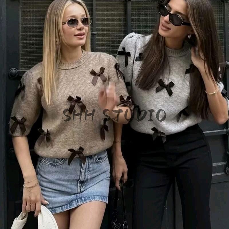 Spring New Women's Clothing Sweet Puff Sleeve Top Casual Easiest for Match Round Neck Bowknot Short Sleeve Knitwear