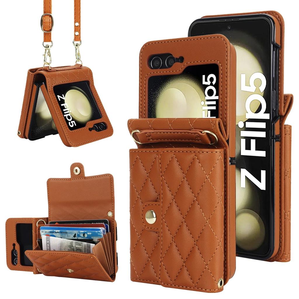 Fashion Leather Phone Case for Samsung Galaxy Z Flip 5 4 3 5G with Long Lanyard Wallet Card Slot Silicone Protect Cover