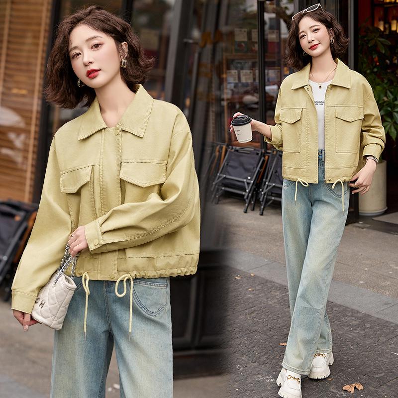 

Женская кожаная куртка на весну 2025 года: Стильный корейский повседневный дизайн (ZH1175) M (90-110 Jin) светло-желтого