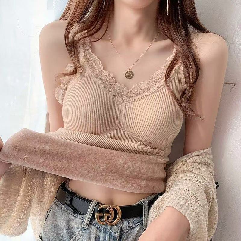 Womens Lace Back Fleece Lined Camisole Winter Warm Layering Top