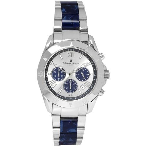 

Мужские часы-хронограф Salvatore Marra с ацетатным и двухцветным ремешком, SM23105-SSWHBL, лимитированная серия к 20-летию, белые, синие и серебристые.