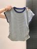 Premium sense flying sleeve T-shirt women's contrasting color striped knitted short sleeve summer small casual and thin bottoming top