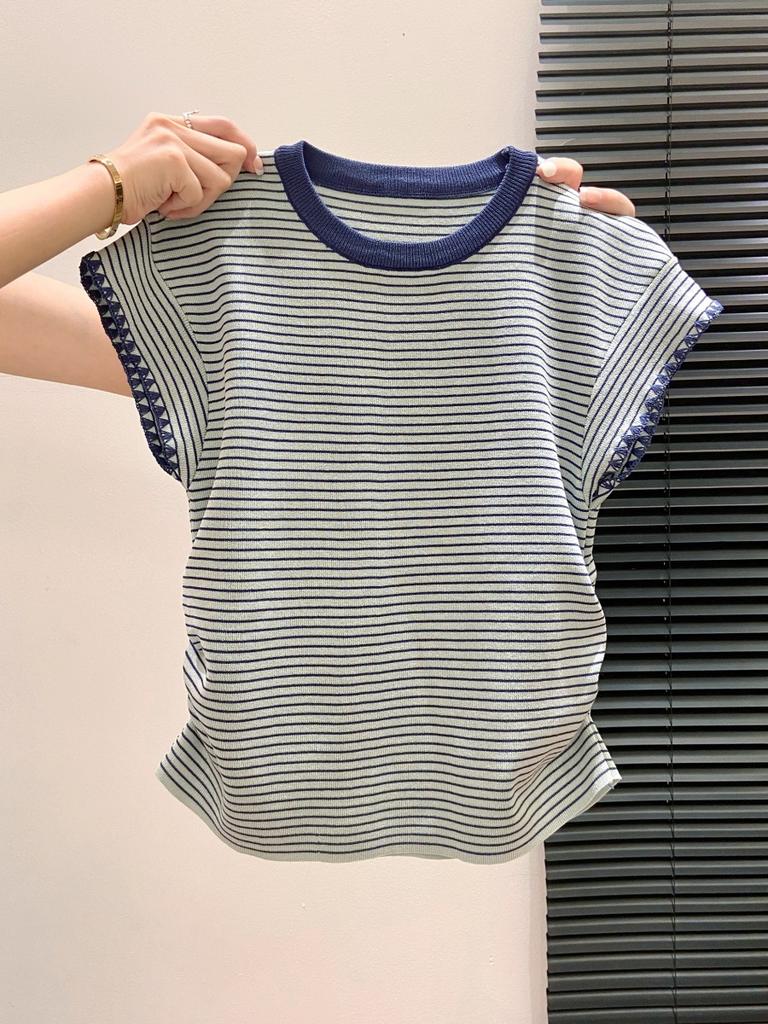 Premium sense flying sleeve T-shirt women's contrasting color striped knitted short sleeve summer small casual and thin bottoming top