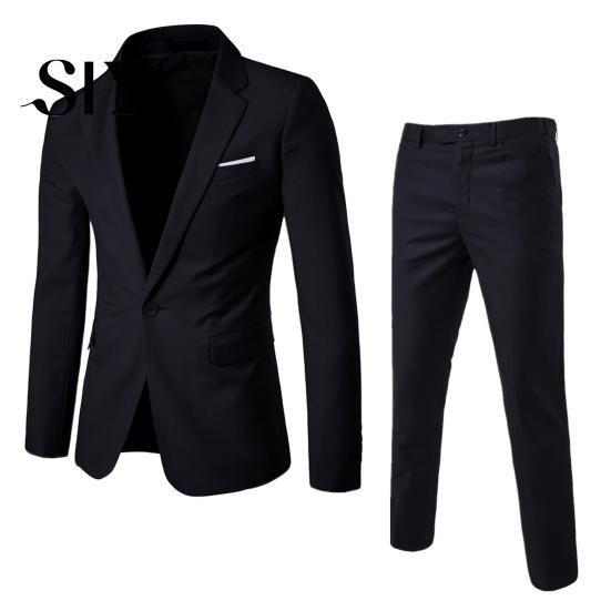 Slim Fit Business Outfit 2Pcs/Set Men Blazer Suit Pants Set Lapel Long Sleeve Single Button Pockets Coat Workwear