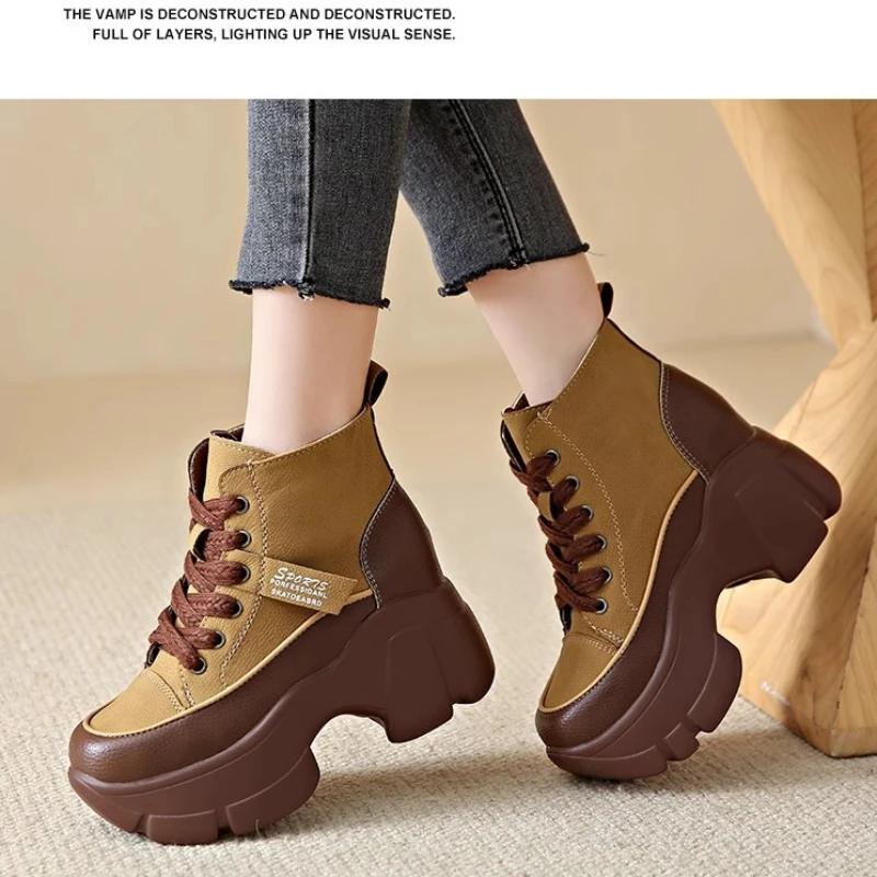 Spring Autumn Fashion Short Boots for Women Round Toe Lace-up Sports Platform Casual Shoes Wedge Heel Heightening Women Boots