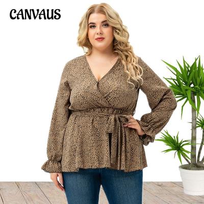 Plus Size Women's Blouse Spring and Autumn V-Neck Tie Long Sleeve Top