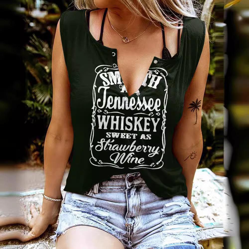 Zabawne T-shirty damskie bez rękawów z nadrukiem literowym i kolorowym dekoltem w serek