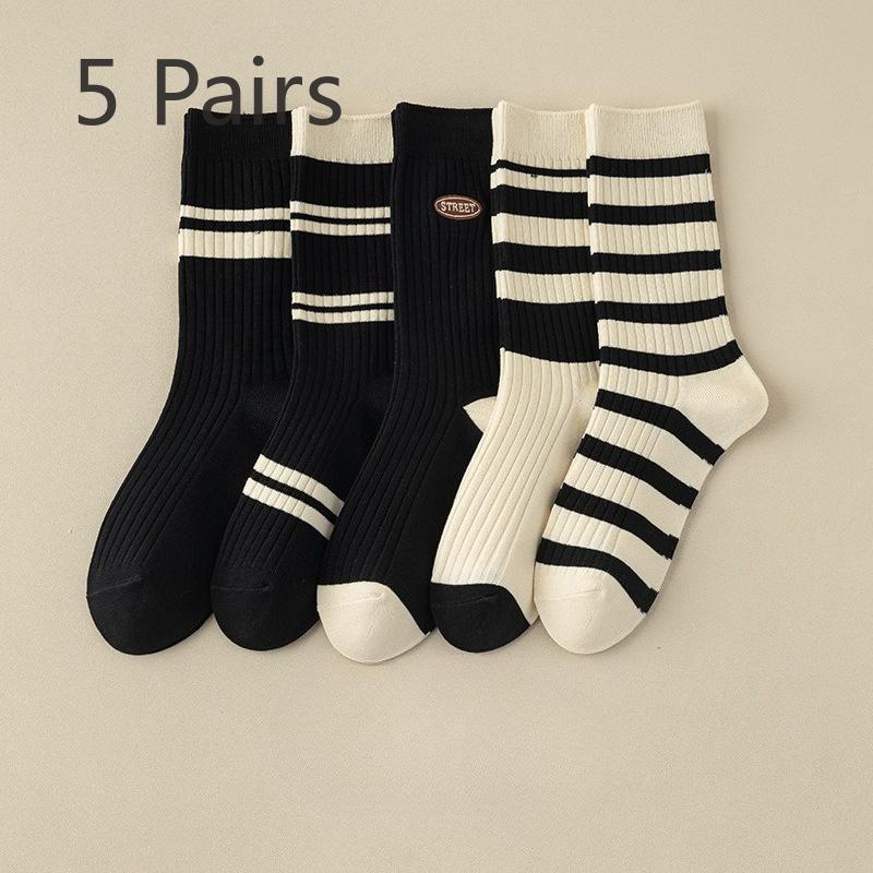 5 Pairs of Mid-calf Socks, Women's Autumn and Winter Double-needle Cotton Socks, Striped Women's Combed Cotton Pile Socks