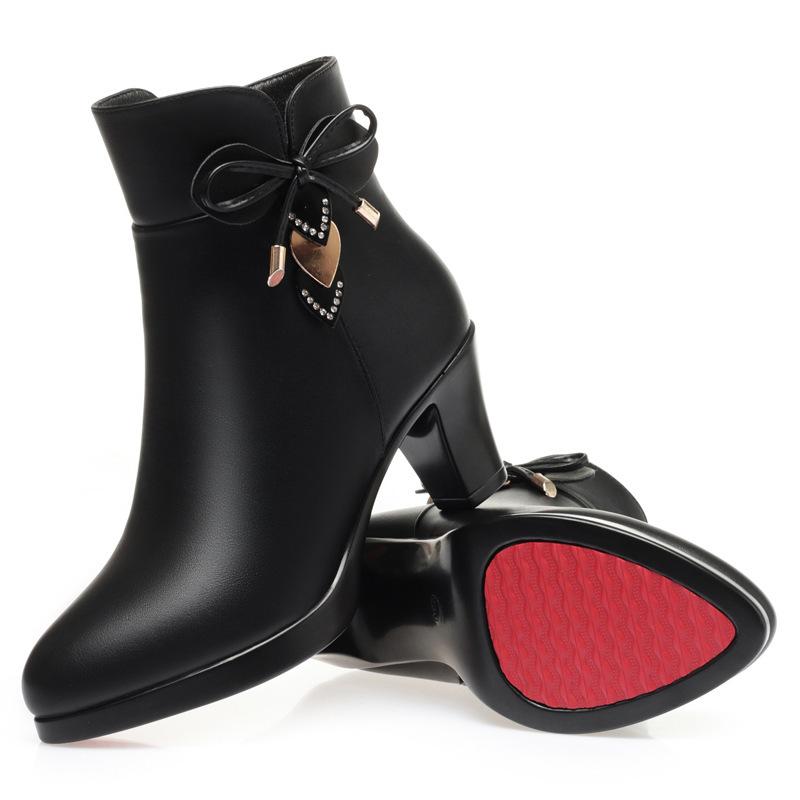 Coarse Heel High Heel Short Boots Women's Autumn and Winter New Leather Shoes Large Size New Fashion Boots Waterproof Table Cotton Boots