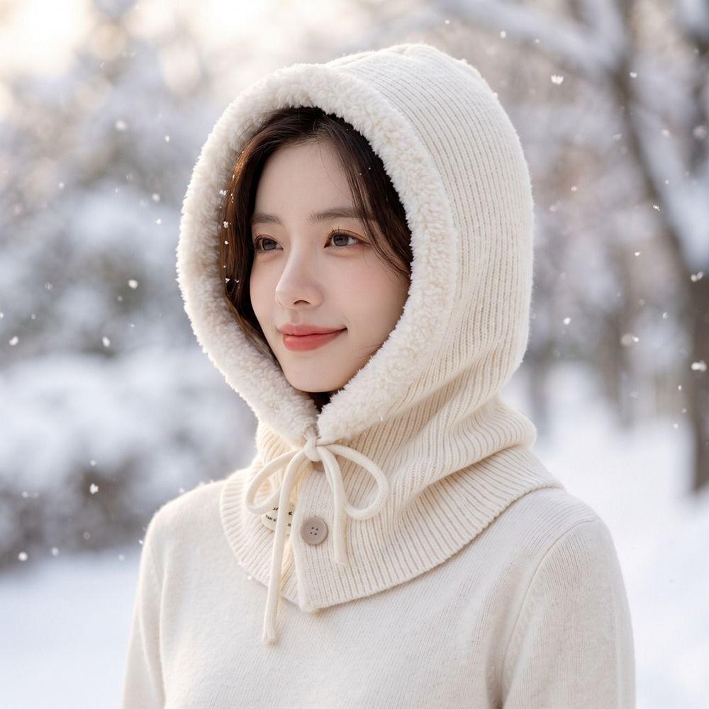 Fleece Wool Balaclava Hat Solid Color Knitted Hat Fashion Winter Cap  Female/Girls
