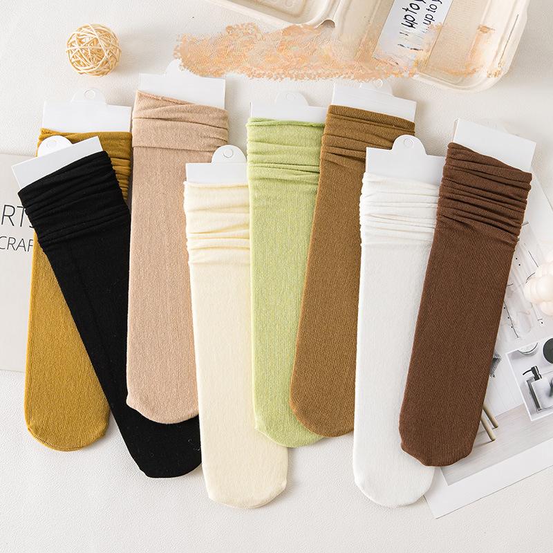 5 Pairs White Mid-Calf Women's Socks Thin Spring Summer Autumn Cuffed Ice Cotton Long Socks Stackable Travel Solid Color Socks