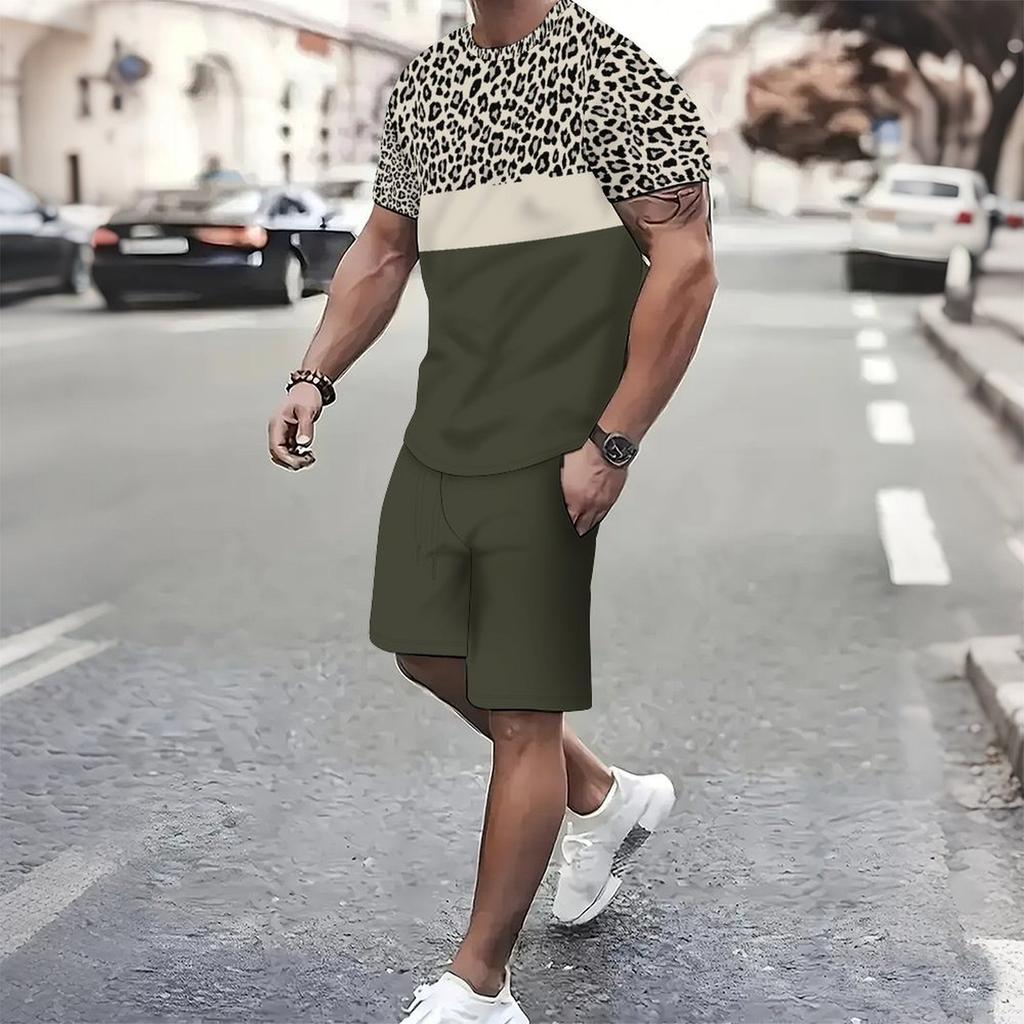 Herren 3D Seilgeflecht Muster Kurzarm T-Shirt und Passende Shorts Zweiteiliges Outfit