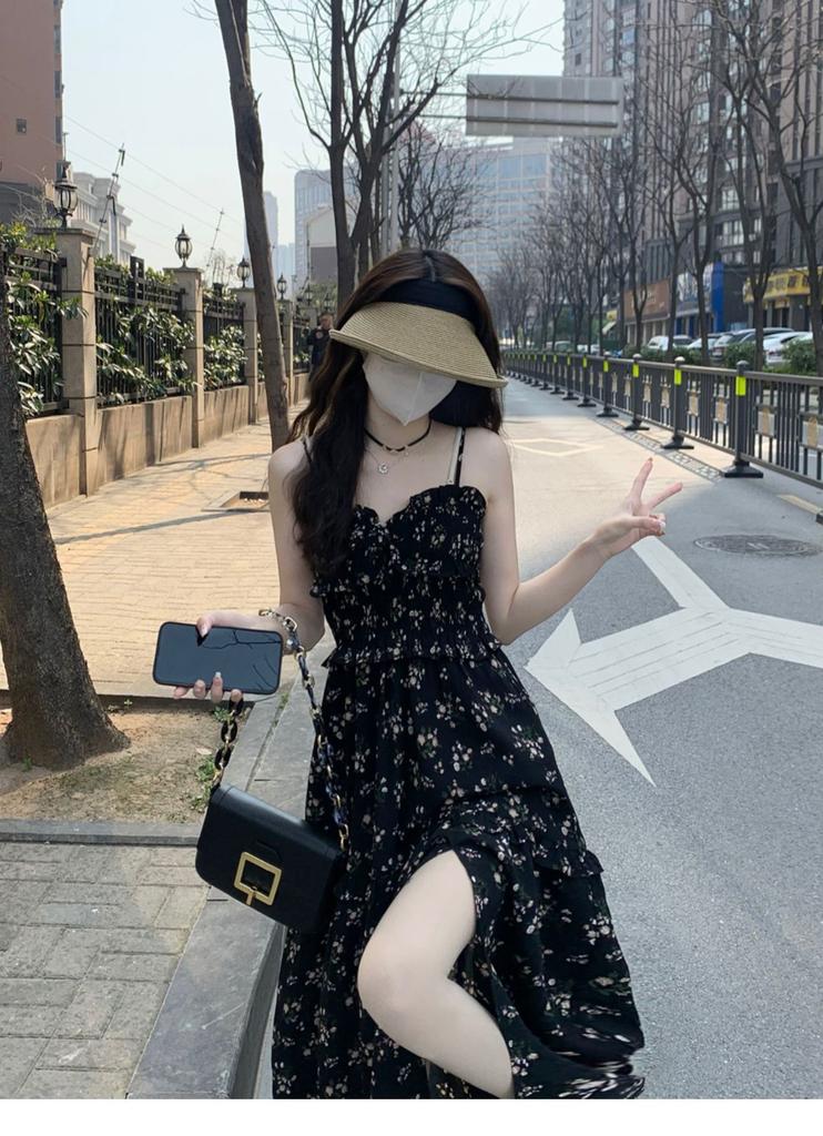 Large size fat mm2026 spring new black floral suspender dress women's niche design a-word long skirt