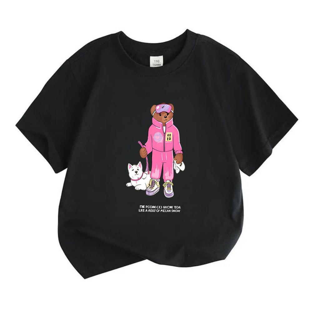 Kids Unisex 100% Cotton Crew Neck Short Sleeve T-Shirt, Cute Cartoon Bear in Pink Tracksuit with Pet Dog Print Casual Soft Tee for Boys Girls Daily We