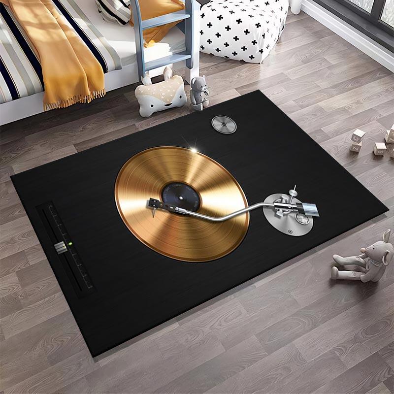 Turntable Design Carpet with Vinyl Record Print Black and Gold Style Suitable for use as an anti-slip for living room bedroom sofas