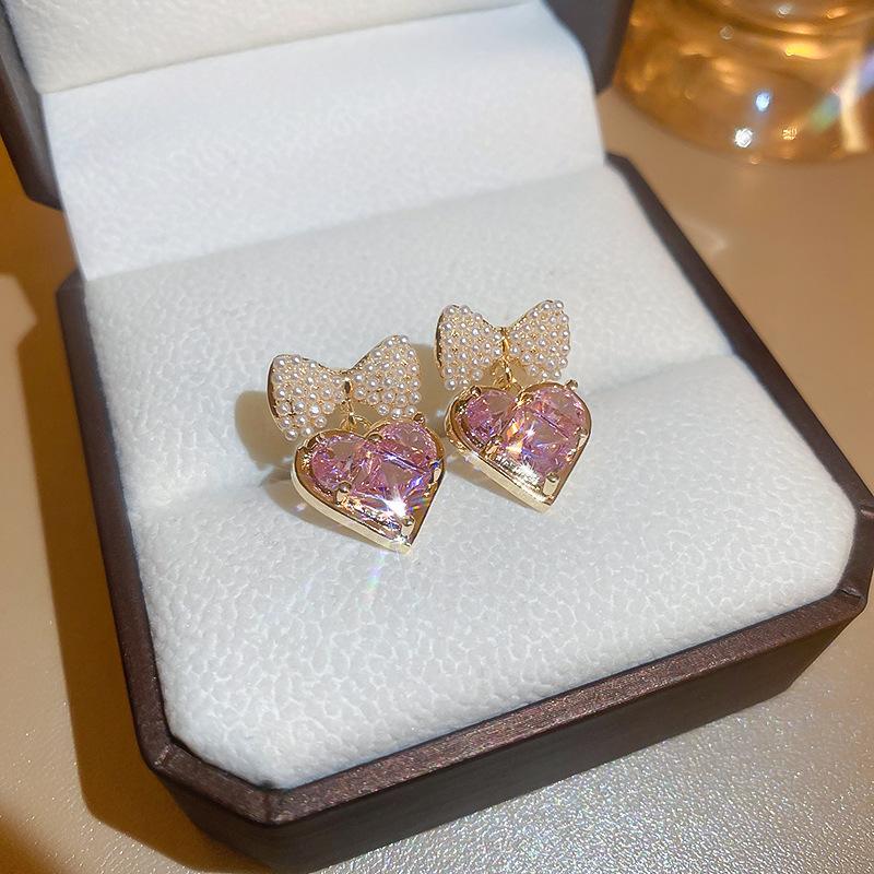 Super fairy pink flower love fringed earrings versatile temperament earrings light luxury earrings women