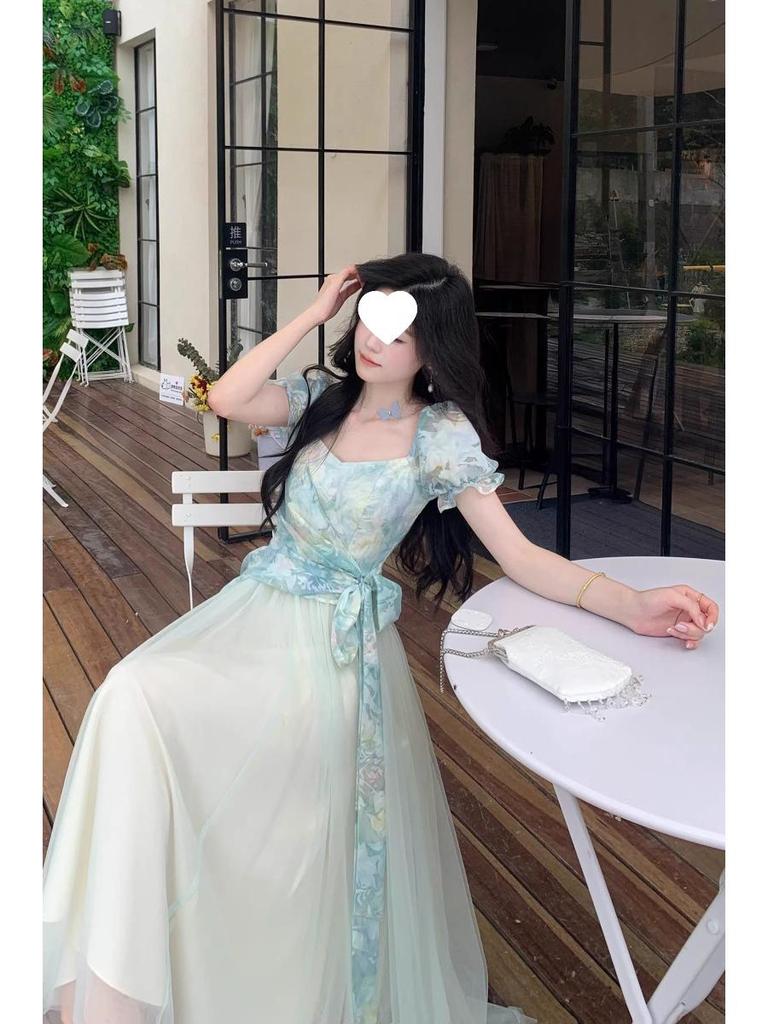Tea Break French Sweet Marbled Patchwork Mesh Dress with Cinched Waist