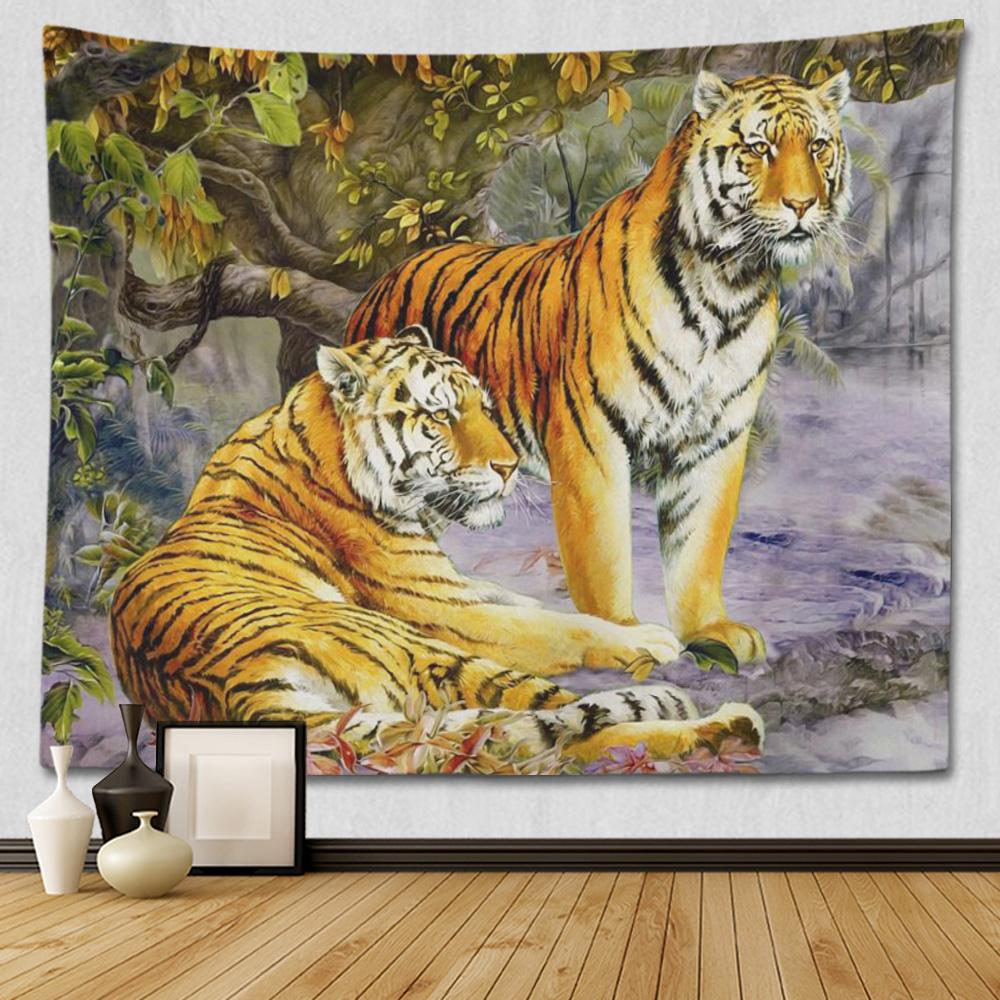 Jungle Wildlife Tiger Tapestry Cool Woodland Animal Print Tapestries Tropical Rainforest Theme Wall Hanging For Kids Boys Girls