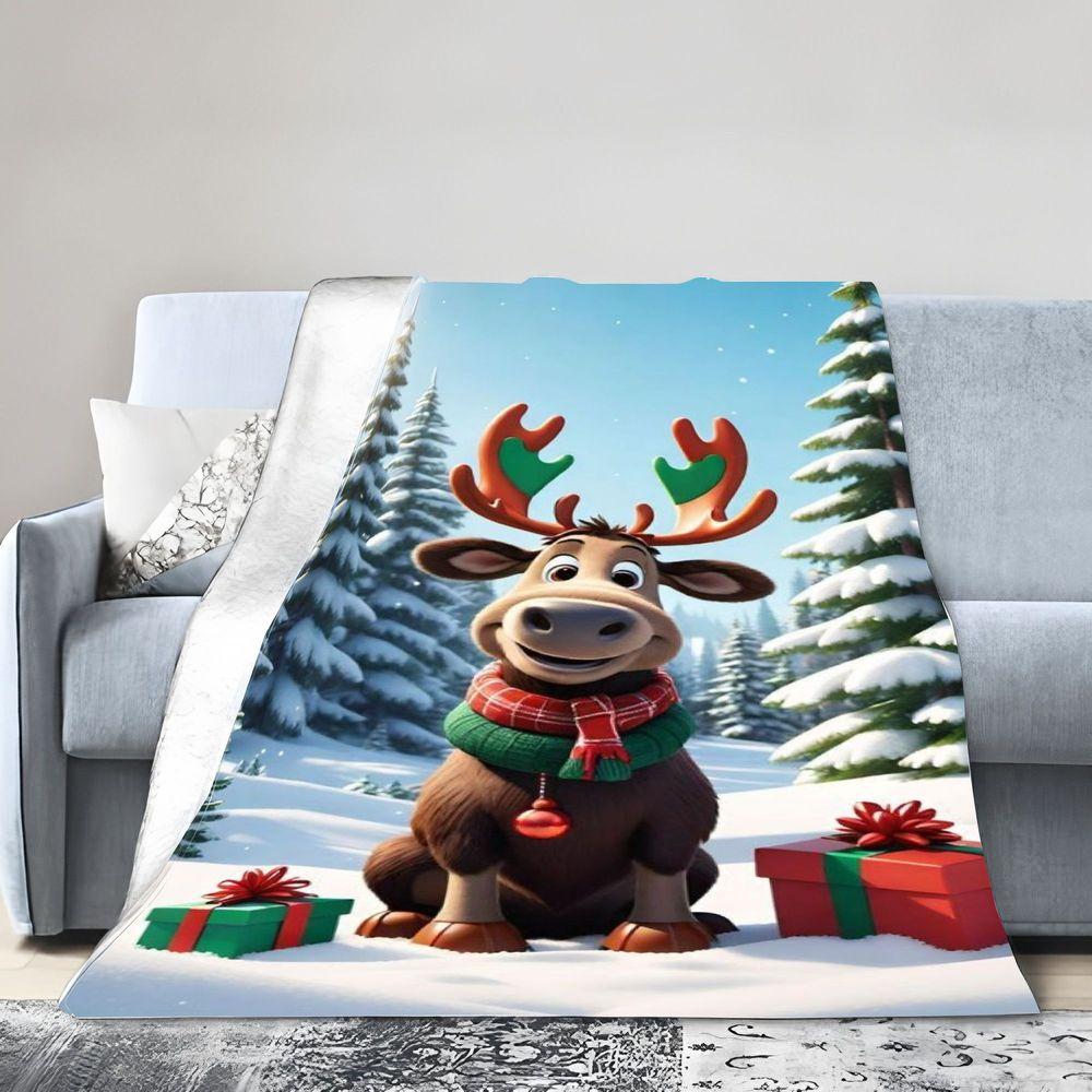 Cheerful Cartoon Reindeer Winter Holiday Throw Blanket - Cozy Faux Fur Blanket Featuring Friendly Reindeer with Green Accented A