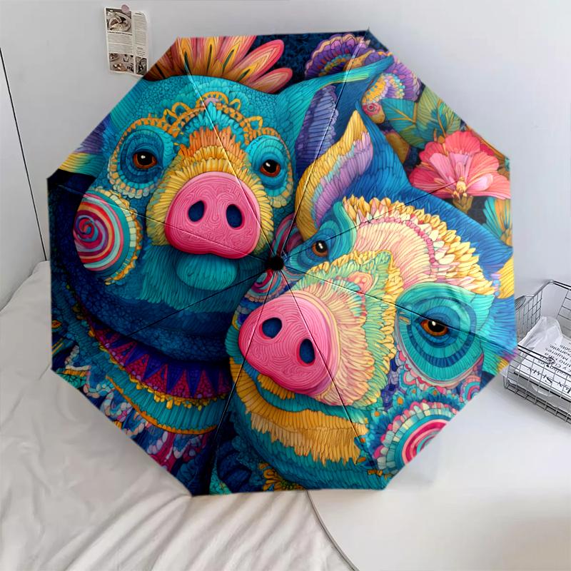 Motivo a maialino, ombrello pieghevole automatico, design portatile e pieghevole, 8 stecche, un regalo di Natale o di compleanno.