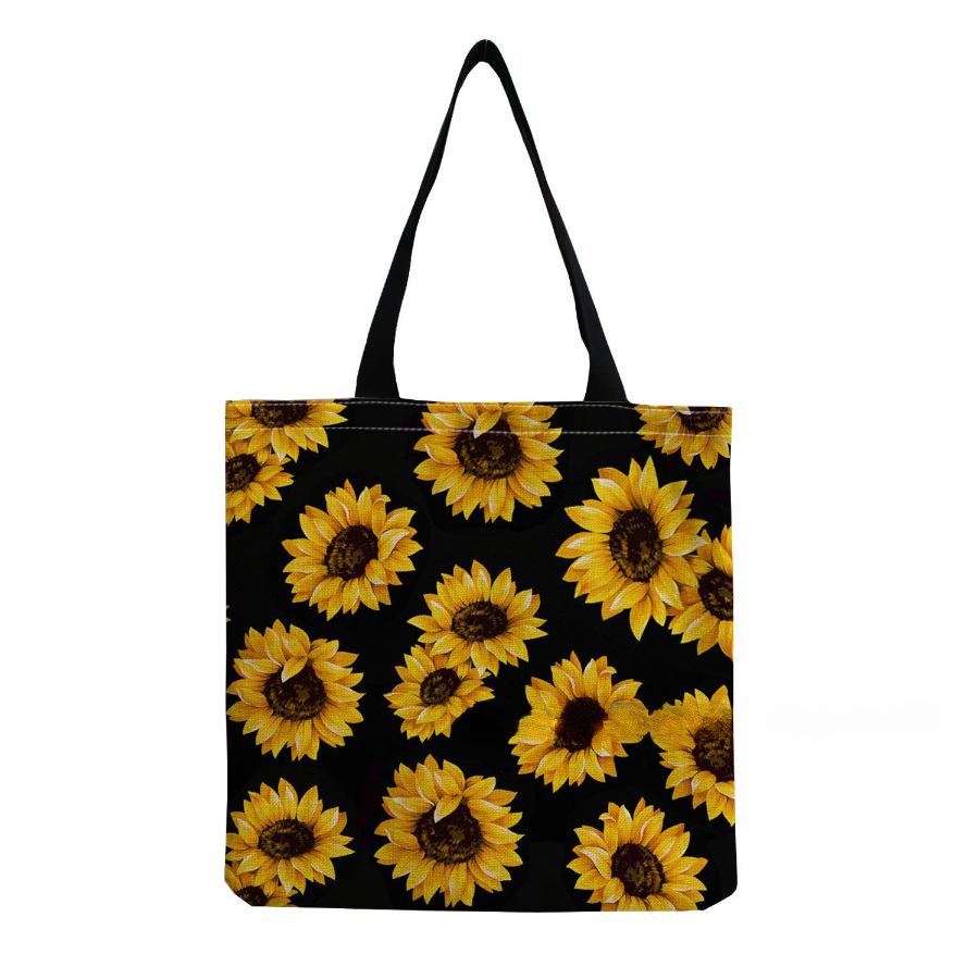 Women Vintage Linen Tote Bag - Large Capacity Sunflower Print Shoulder Handbag for Casual & Grocery Shopping KTB
